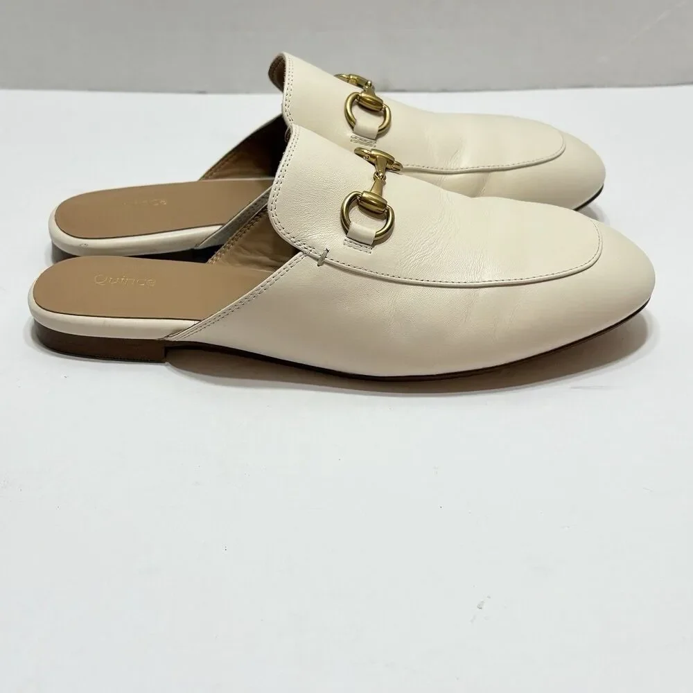 Quince Women Italian Leather Horsebit Loafer Mule Bone Shoes 8.5